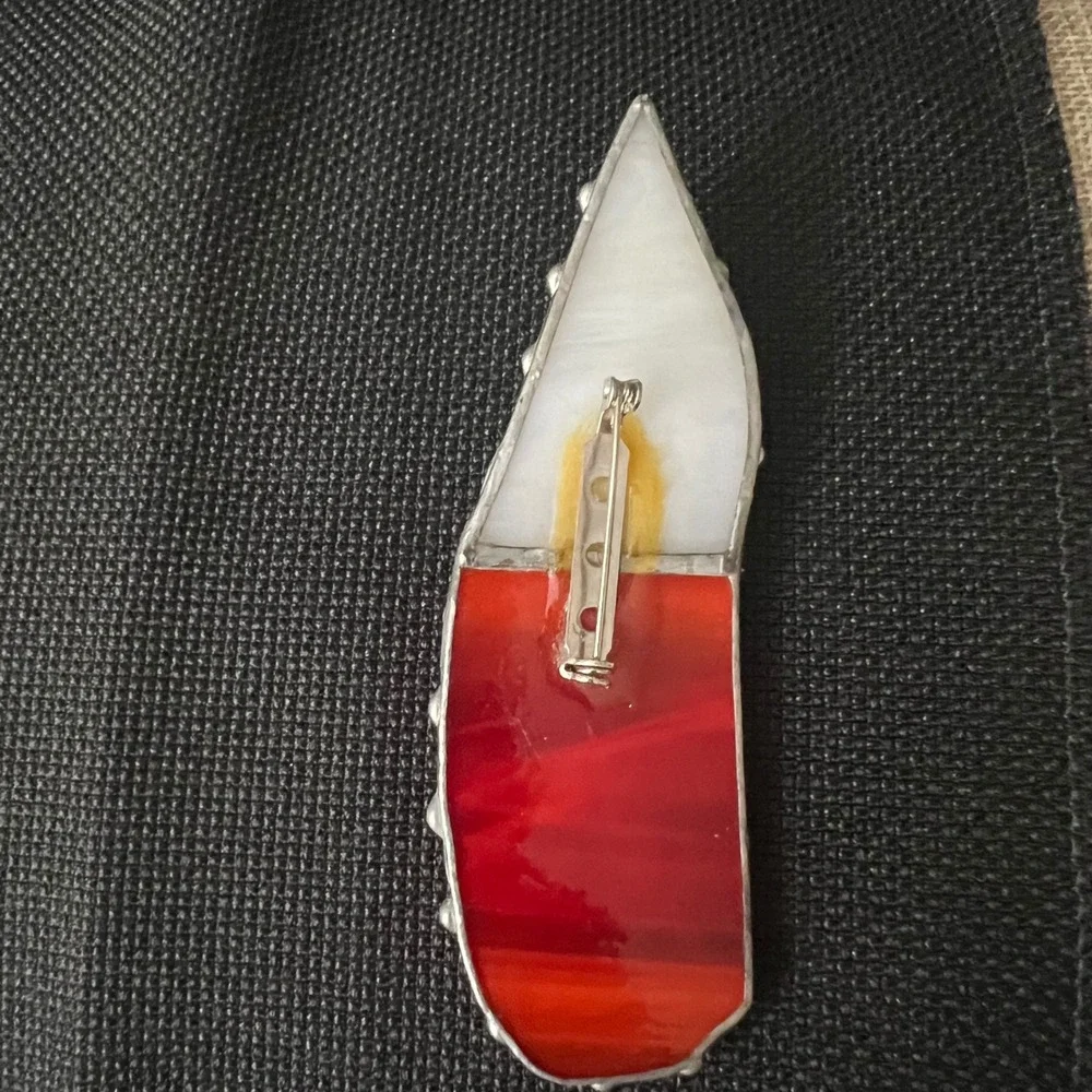Handmade Stained Glass Brooch Pin Red White Abstract Geometric 3